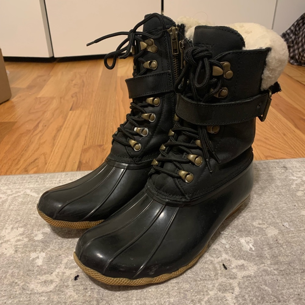 Jcrew x Sperry black and Sherpa limited edition duck boots